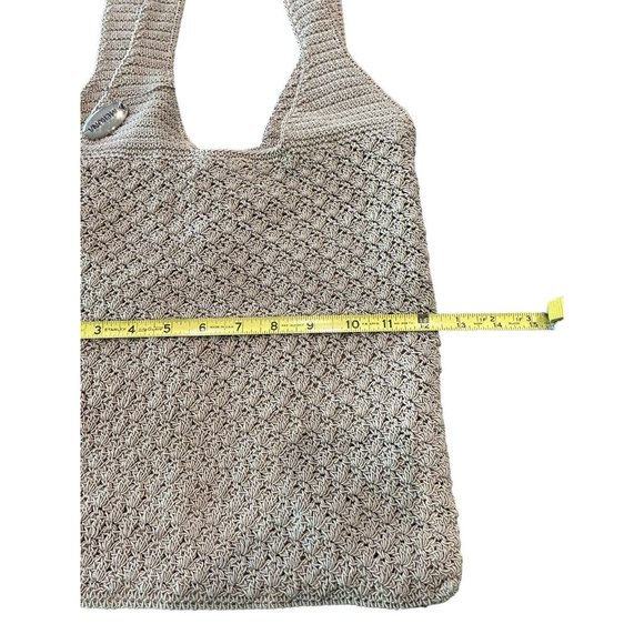 12.5” x 12.5" MERONA Tan Woven CROCHET 2 Handles SNAP CLOSE Lined BAG - Picture 4 of 8